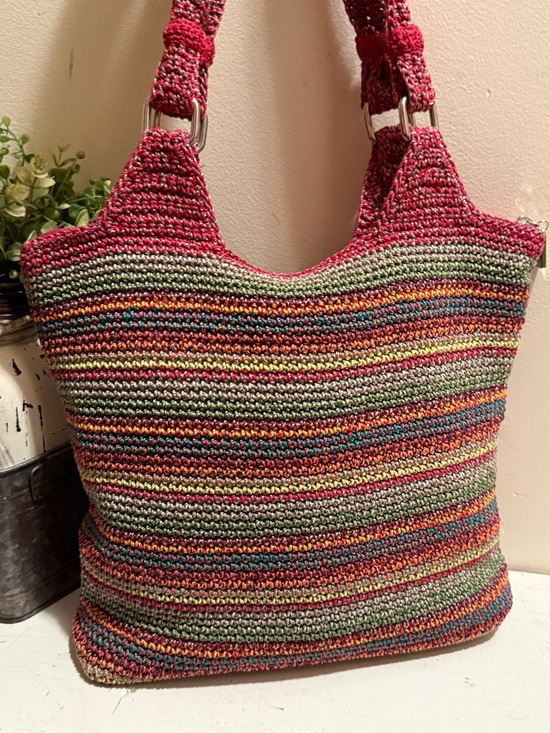 The Sak Handbags - The Sak Belle Crochet Large Hobo Tote Purse Bag Multicolor Stripe EUC
